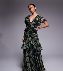 ASOS Petite ASOS DESIGN Petite full hem ruffle maxi dress with lace trim detailing and open back in green floral