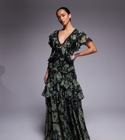 ASOS Petite ASOS DESIGN Petite full hem ruffle maxi dress with lace trim detailing and open back in green floral