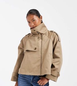 ASOS Petite ASOS DESIGN Petite funnel cropped cape trench coat in rye-Neutral