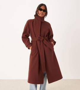 ASOS Petite ASOS DESIGN Petite funnel neck longline formal trench coat in rust-Black