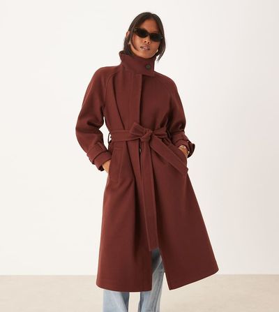ASOS Petite ASOS DESIGN Petite funnel neck longline formal trench coat in rust-Black