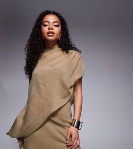 ASOS Petite ASOS DESIGN Petite high neck draped asymmetric mini dress with cut-out in taupe-Neutral