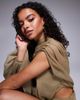 ASOS Petite ASOS DESIGN Petite high neck draped asymmetric mini dress with cut-out in taupe-Neutral - 4