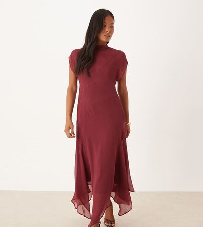 ASOS Petite ASOS DESIGN Petite high neck handkerchief hem chiffon maxi dress in cherry-Red