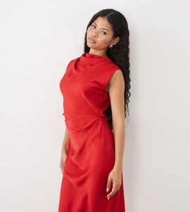 ASOS Petite ASOS DESIGN Petite high neck pleated bodice midi dress in red