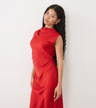 ASOS Petite ASOS DESIGN Petite high neck pleated bodice midi dress in red