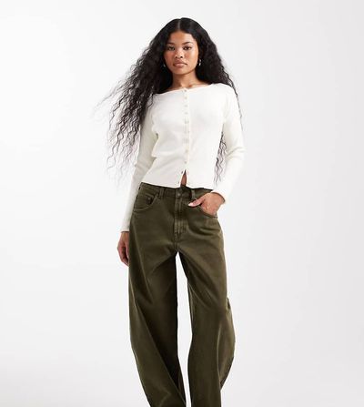 ASOS Petite ASOS DESIGN Petite high waist barrel leg jeans in khaki-Green
