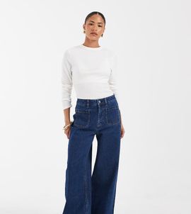 ASOS Petite ASOS DESIGN Petite high waist wide leg jeans with front pockets in dark wash blue-Navy