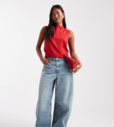 ASOS Petite ASOS DESIGN Petite high waisted barrel leg jeans in pale vintage wash-Blue