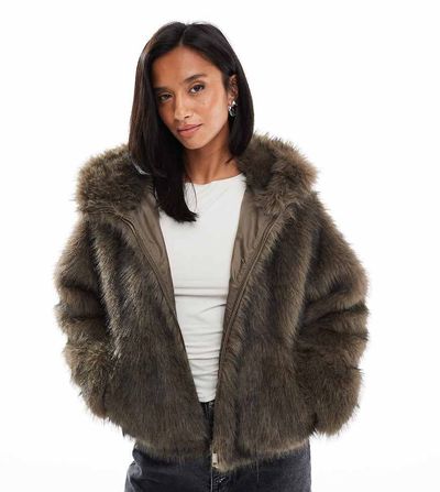 ASOS Petite ASOS DESIGN Petite hooded faux fur bomber coat in brown tip