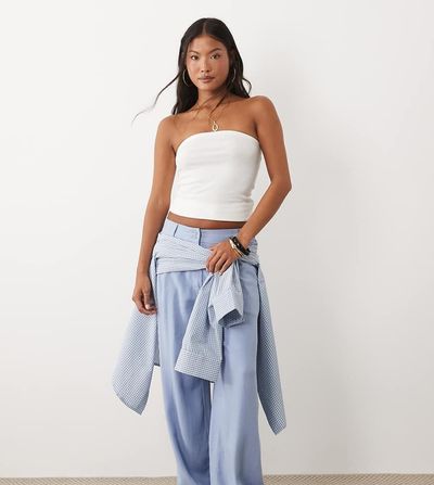 ASOS Petite ASOS DESIGN Petite linen blend wide leg pants with pleated detailing in blue-Green