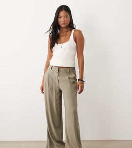 ASOS Petite ASOS DESIGN Petite linen blend wide leg pants with pleated detailing in khaki-Neutral