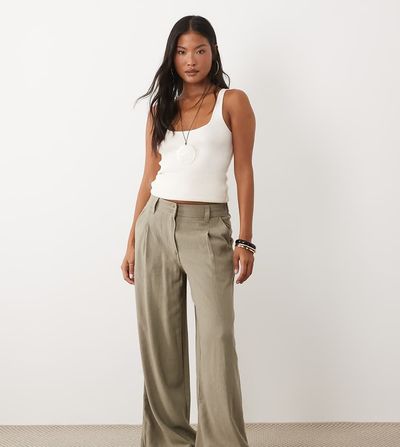 ASOS Petite ASOS DESIGN Petite linen blend wide leg pants with pleated detailing in khaki-Neutral