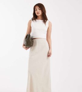 ASOS Petite ASOS DESIGN Petite linen look bias cut midaxi skirt in stone-Neutral