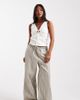 ASOS Petite ASOS DESIGN Petite linen look tie waist pull on pants in taupe stripes-Multi - 1