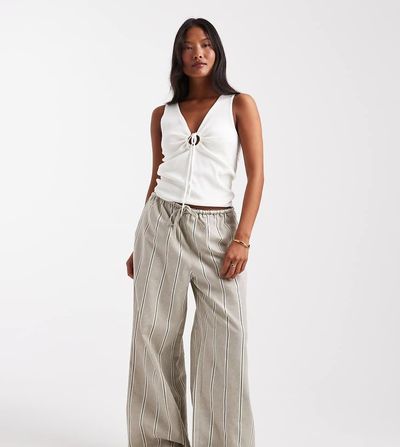 ASOS Petite ASOS DESIGN Petite linen look tie waist pull on pants in taupe stripes-Multi