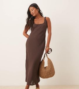 ASOS Petite ASOS DESIGN Petite linen look twist strap bias maxi dress in chocolate-Brown