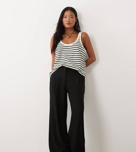 ASOS Petite ASOS DESIGN Petite linen look wide leg pants with pleated detailing in black