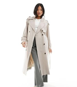 ASOS Petite ASOS DESIGN Petite linen mix trench coat in stone-Neutral