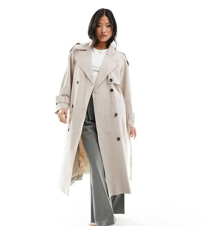 ASOS Petite ASOS DESIGN Petite linen mix trench coat in stone-Neutral