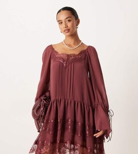 ASOS Petite ASOS DESIGN Petite long sleeve sweetheart neckline mini dress in burgundy-Multi