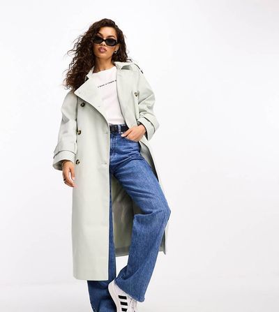 ASOS Petite ASOS DESIGN Petite longline trench coat in pale sage-Green