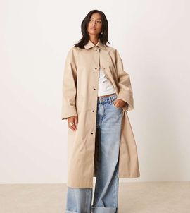 ASOS Petite ASOS DESIGN Petite longline trench in stone-Neutral