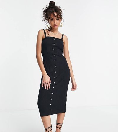 ASOS Petite ASOS DESIGN Petite midi button up ribbed dress with frill hem in black