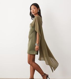 ASOS Petite ASOS DESIGN Petite mini dress with sheer cape shoulder in khaki scuba-style fabric-pink