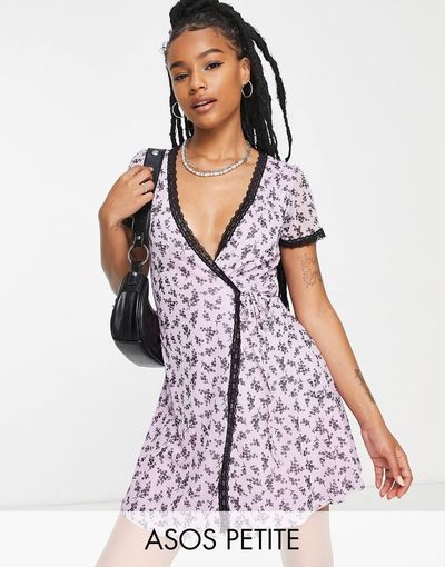ASOS Petite ASOS DESIGN Petite mini mesh wrap dress with lace trim in lilac daisy print-Multi