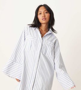 ASOS Petite ASOS DESIGN Petite mini shirt dress with wide cuffs and oversized pockets in blue stripe-Multi