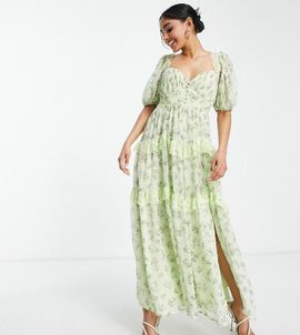 ASOS Petite ASOS DESIGN Petite open back lace insert midi tea dress in green floral print-Multi