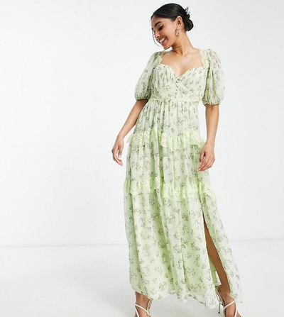 ASOS Petite ASOS DESIGN Petite open back lace insert midi tea dress in green floral print-Multi