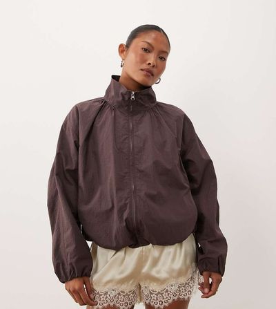 ASOS Petite ASOS DESIGN Petite oversized bubble hem track jacket in mushroom-Brown