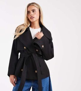 ASOS Petite ASOS DESIGN Petite oversized cropped trench coat with belt in black