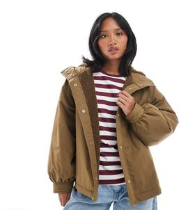 ASOS Petite ASOS DESIGN Petite oversized fleece lined raincoat in olive-Green