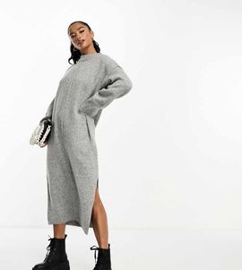 ASOS Petite ASOS DESIGN Petite oversized relaxed knitted midi dress with crew neck and seam detail in gray