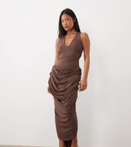 ASOS Petite ASOS DESIGN Petite plunge neck midi dress with open back & train detail in chocolate-Brown