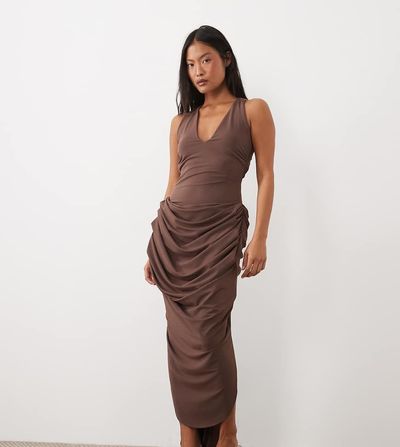 ASOS Petite ASOS DESIGN Petite plunge neck midi dress with open back & train detail in chocolate-Brown