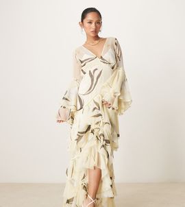 ASOS Petite ASOS DESIGN Petite plunge ruffle tiered maxi dress with lace inserts in lemon floral print-Multi