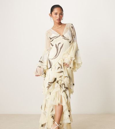 ASOS Petite ASOS DESIGN Petite plunge ruffle tiered maxi dress with lace inserts in lemon floral print-Multi