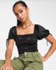 ASOS Petite ASOS DESIGN Petite puff sleeve satin ruched front top in black - 1