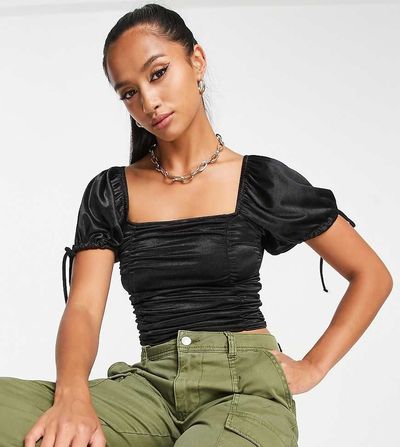 ASOS Petite ASOS DESIGN Petite puff sleeve satin ruched front top in black