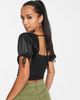 ASOS Petite ASOS DESIGN Petite puff sleeve satin ruched front top in black - 2