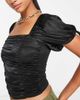ASOS Petite ASOS DESIGN Petite puff sleeve satin ruched front top in black - 4
