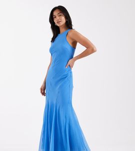 ASOS Petite ASOS DESIGN Petite racer neck bias cut maxi dress with godet hem in bright blue
