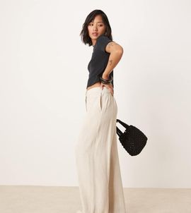 ASOS Petite ASOS DESIGN Petite relaxed straight leg linen blend pants in natural-Neutral