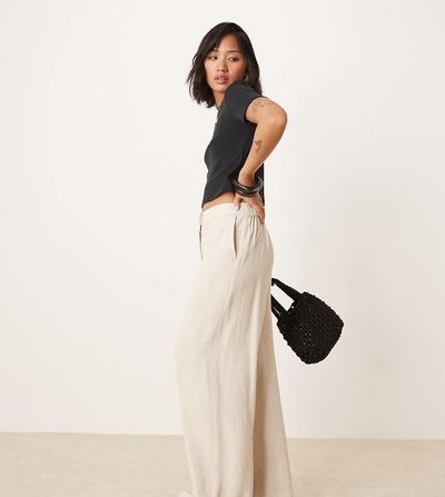 ASOS Petite ASOS DESIGN Petite relaxed straight leg linen blend pants in natural-Neutral
