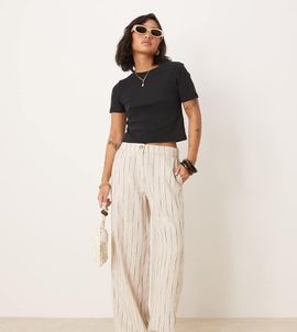 ASOS Petite ASOS DESIGN Petite relaxed straight leg linen blend pants in natural squiggle stripe-Multi
