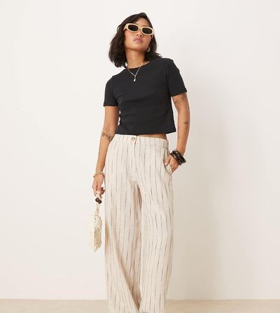ASOS Petite ASOS DESIGN Petite relaxed straight leg linen blend pants in natural squiggle stripe-Multi